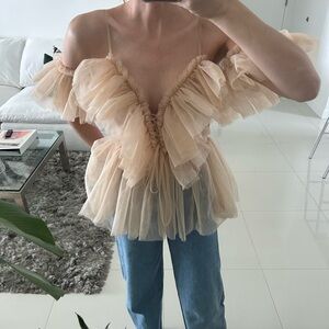 Simple Tan Ruffled Flutter Sleeve Blouse